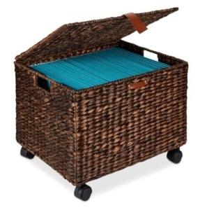 Mobile Water Hyacinth Rolling Filing Cabinet Storage Basket w/ Lid, Wheels, Brown, Appears New