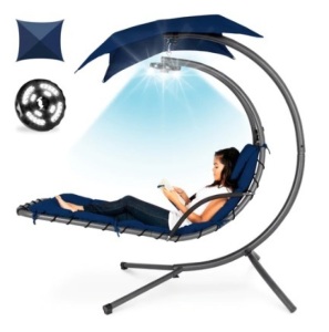 Hanging LED-Lit Curved Chaise Lounge Chair w/ Pillow, Canopy, Stand, Navy, Appears New