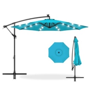 Solar LED Offset Hanging Patio Umbrella w/ Crank Tilt Adjustment - 10ft, Sky Blue, Appears New 