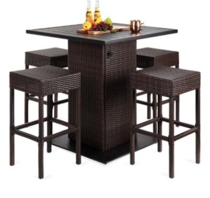 5-Piece Wicker Bar Set w/ 4 Stools, Built-In Bottle Opener, Hidden Storage, Brown, Appears New