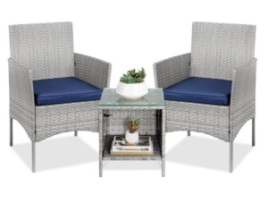 3-Piece Outdoor Patio Wicker Bistro Set w/ Side Storage Table, Gray/Navy