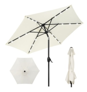 Outdoor Solar Patio Umbrella w/ Push Button Tilt, Crank Lift - 7.5ft, Cream