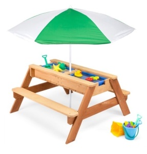 3-in-1 Kids Sand & Water Table Outdoor Wood Picnic Table w/ Umbrella, Green