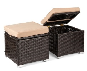 Set of 2 Wicker Ottomans, Multipurpose w/ Removable Cushions, Steel Frame, Brown/Beige