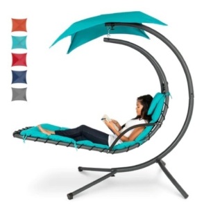 Hanging Curved Chaise Lounge Chair w/ Built-In Pillow, Removable Canopy, Blue