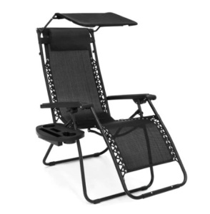 Folding Zero Gravity Recliner Patio Lounge Chair w/ Canopy, Side Tray, Black