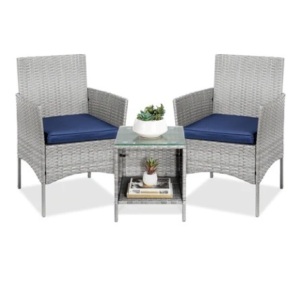 3-Piece Outdoor Patio Wicker Bistro Set w/ Side Storage Table, Gray/Navy