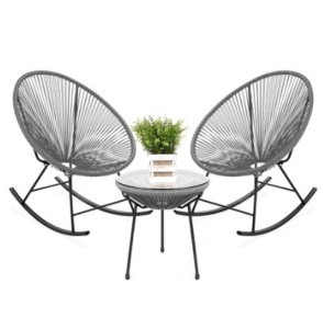 3-Piece Patio Woven Rope Acapulco Rocking Chair Bistro Set, Gray