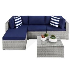 5-Piece Modular Wicker Sectional Conversation Set w/ 2 Pillows, Coffee Table, Gray/Navy