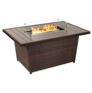 Wicker Propane Fire Pit Table, 50,000 BTU w/ Glass Wind Guard, Cover - 52in, Brown