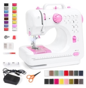 6V Portable Foot Pedal Sewing Machine w/ 12 Stitch Patterns, White/Pink