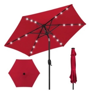 Outdoor Solar Patio Umbrella w/ Push Button Tilt, Crank Lift - 7.5ft, Red