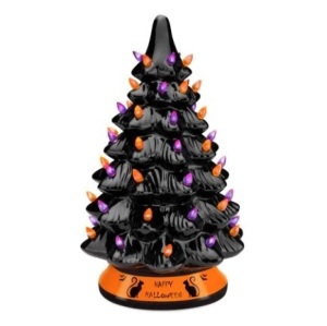 Pre-Lit 15in Ceramic Halloween Tree w/ Orange & Purple Bulb Lights, Appears New