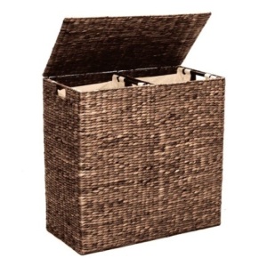 Extra Large Water Hyacinth Double Laundry Hamper Basket w/ 2 Liner Bags, Espresso