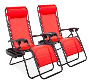 Set of 2 Adjustable Zero Gravity Patio Chair Recliners w/ Cup Holders, Crimson Red