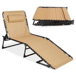 Portable Patio Chaise Lounge Chair Outdoor Recliner w/ Pillow, Tan