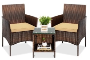 3-Piece Outdoor Patio Wicker Bistro Set w/ Side Storage Table, Brown/Tan