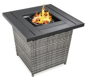 28in Fire Pit Table 50,000 BTU Wicker Propane w/ Faux Wood Tabletop, Cover, Gray