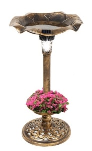 Solar Lighted Bird Bath w/ Planter, Bronze