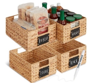 Set of 4 Water Hyacinth Pantry Baskets w/ Chalkboard, Marker - 12in