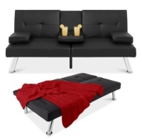 Faux Leather Upholstered Convertible Sofa Bed Futon w/ 2 Cupholders, Black
