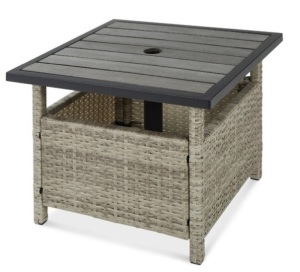 Outdoor Wicker Patio Side Table Accent Furniture w/ Umbrella Hole, Gray 