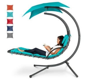 Hanging Curved Chaise Lounge Chair w/ Built-In Pillow, Removable Canopy, Blue