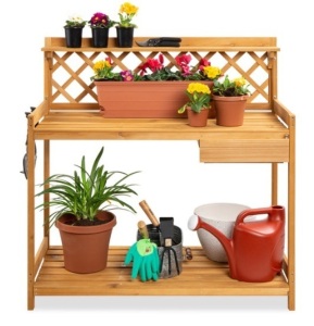 Wooden Garden Potting Bench Workstation w/ Cabinet Drawer, Open Shelf