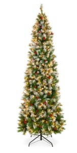 Pre-Lit Partially Flocked Spruce Pencil Tree w/ Berries, Pine Cones, 6ft