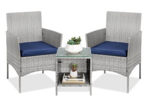 3-Piece Outdoor Patio Wicker Bistro Set w/ Side Storage Table, Gray/Navy