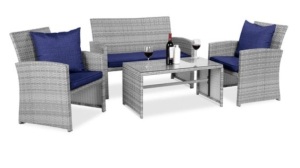 4-Piece Outdoor Wicker Conversation Patio Set w/ 4 Seats, Glass Table Top, Gray/Navy