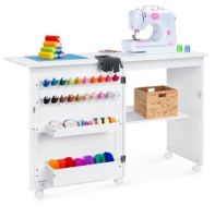Folding Sewing Table Multipurpose Craft Station & Side Table w/ Wheels, White