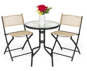 3-Piece Bistro Set w/ Glass Table, 2 Foldable Chairs, Beige