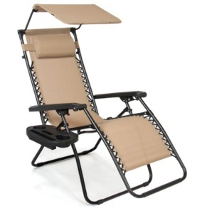 Folding Zero Gravity Recliner Patio Lounge Chair w/ Canopy, Side Tray, Beige