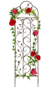 Iron Arched Garden Trellis Fence Panel w/ Branches, Birds - 60x15in