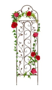 Iron Arched Garden Trellis Fence Panel w/ Branches, Birds - 60x15in