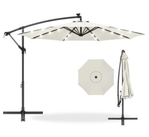 Solar LED Offset Hanging Patio Umbrella w/ Crank Tilt Adjustment - 10ft, Cream