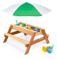 3-in-1 Kids Sand & Water Table Outdoor Wood Picnic Table w/ Umbrella, Appears New