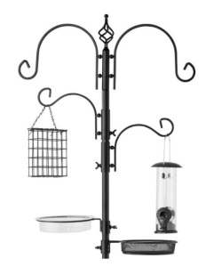 4-Hook Bird Feeding Station, Steel Feeder Stand w/ 2 Bird Feeders - 91in, Black