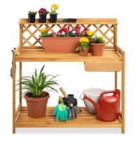 Wooden Garden Potting Bench Workstation w/ Cabinet Drawer, Open Shelf, Appears New