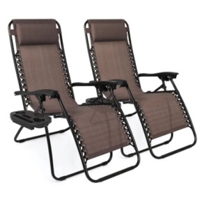 Set of 2 Adjustable Zero Gravity Patio Chair Recliners w/ Cup Holders, Brown