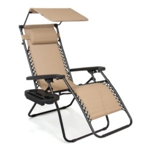 Folding Zero Gravity Recliner Patio Lounge Chair w/ Canopy, Side Tray, Beige