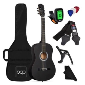 Beginner Acoustic Guitar Set w/ Case, Strap, Digital Tuner, Strings - 38in, Matte Black, Appears New