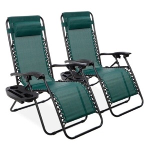 Set of 2 Adjustable Zero Gravity Patio Chair Recliners w/ Cup Holders, Forest Green, Appears New