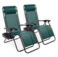 Set of 2 Adjustable Zero Gravity Patio Chair Recliners w/ Cup Holders, Forest Green, Appears New