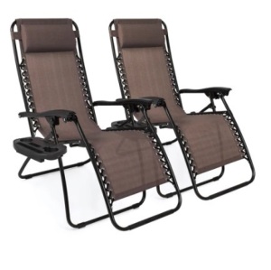 Set of 2 Adjustable Zero Gravity Patio Chair Recliners w/ Cup Holders, Brown, Appears New