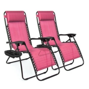 Set of 2 Adjustable Zero Gravity Patio Chair Recliners w/ Cup Holders, Pink, Appears New