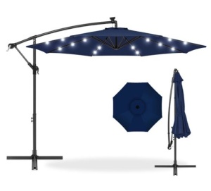 Solar LED Offset Hanging Patio Umbrella w/ Crank Tilt Adjustment - 10ft, Navy Blue