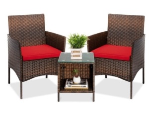 3-Piece Outdoor Patio Wicker Bistro Set w/ Side Storage Table, Brown/Red