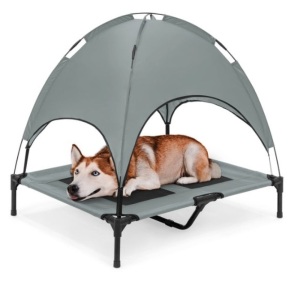 36in Outdoor Raised Cooling Pet Dog Bed w/ Canopy, Travel Bag, Gray